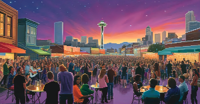 A lively outdoor music performance in Seattle with a colorful stage and an excited crowd, featuring the Space Needle in the background during twilight.