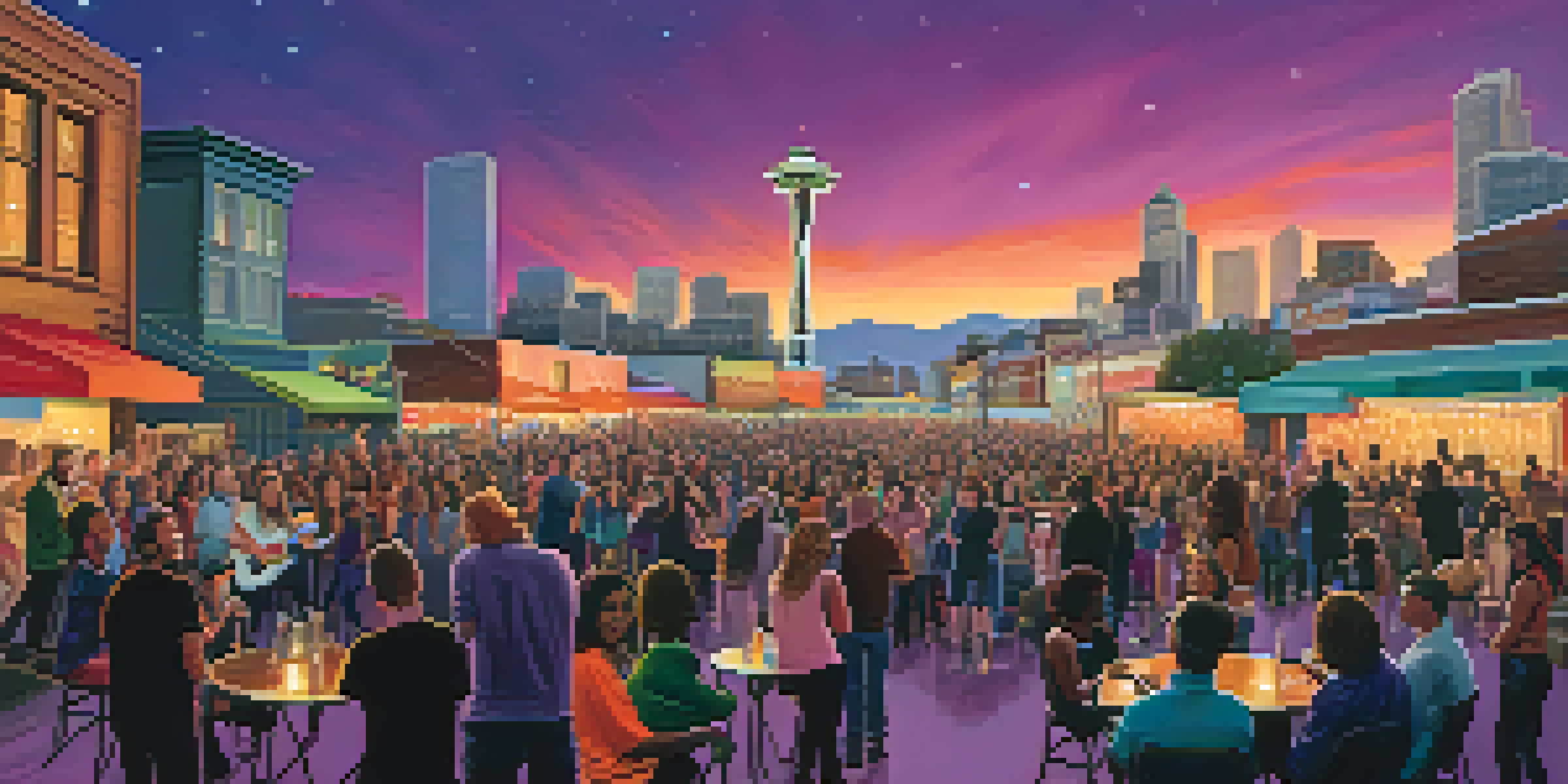 A lively outdoor music performance in Seattle with a colorful stage and an excited crowd, featuring the Space Needle in the background during twilight.