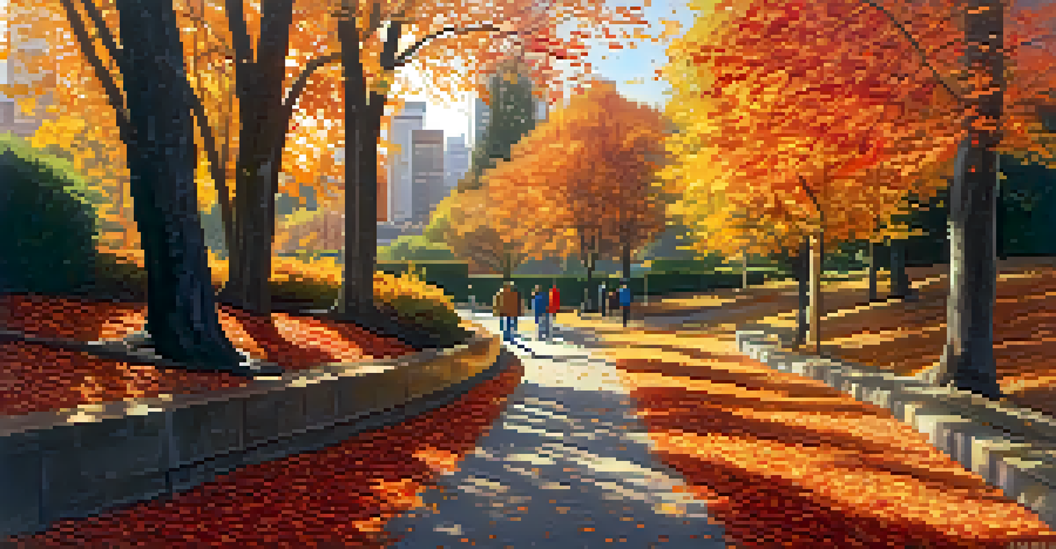 An autumn scene in a Seattle park, featuring colorful fall leaves and people walking along a path.