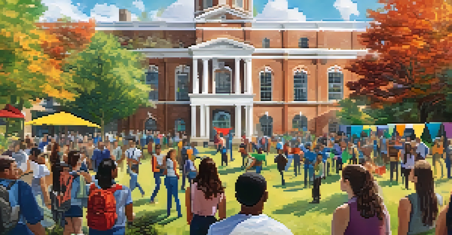 Students and community members working together on sustainability projects outdoors at a university campus, surrounded by greenery and historic architecture.