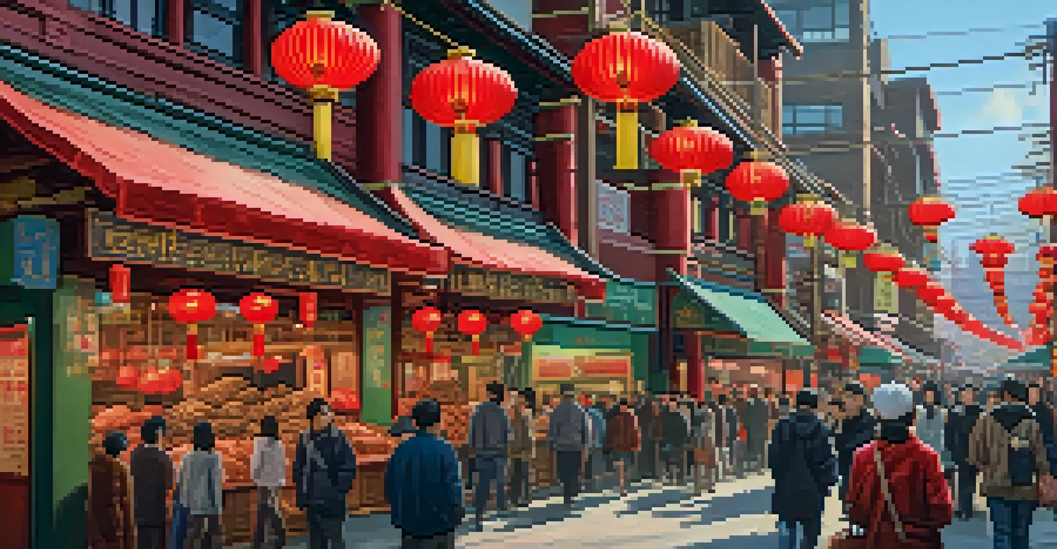 A lively market scene in Chinatown-International District, Seattle, with red lanterns, market stalls, and people enjoying dim sum, showcasing Asian cultural heritage.