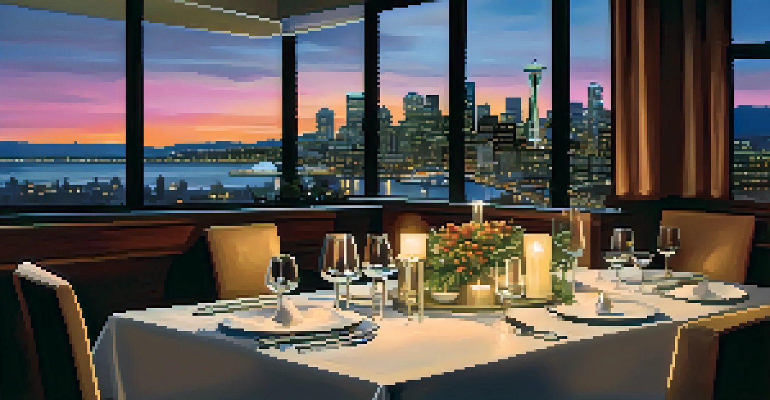 A fine dining table in Seattle with a beautifully plated dish and a view of the skyline at dusk, illuminated by soft candlelight.