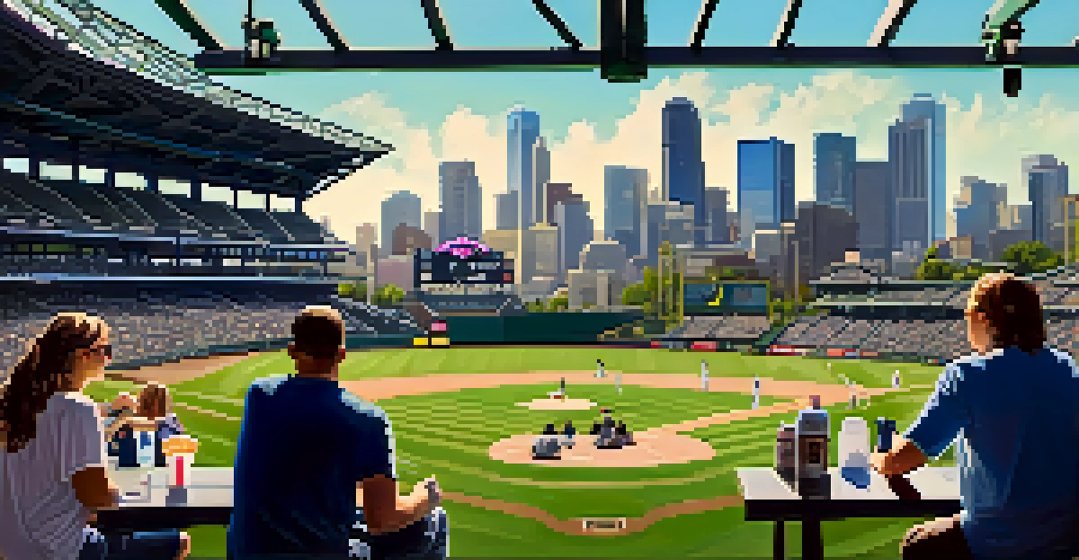 Fans at T-Mobile Park enjoying a Mariners game on a sunny day, with the city skyline and a vibrant green field in view.