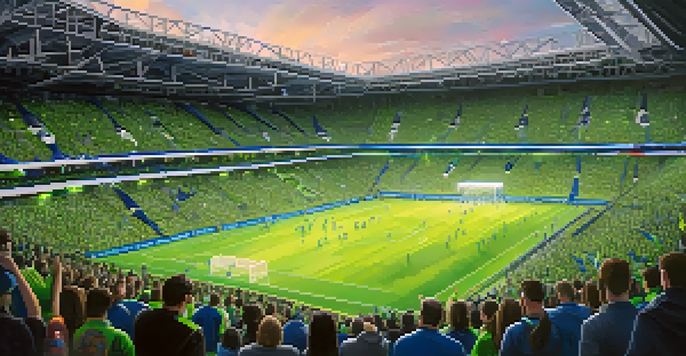 A lively crowd of Seattle Sounders fans at Lumen Field, dressed in team colors with banners and flags, under bright stadium lights.