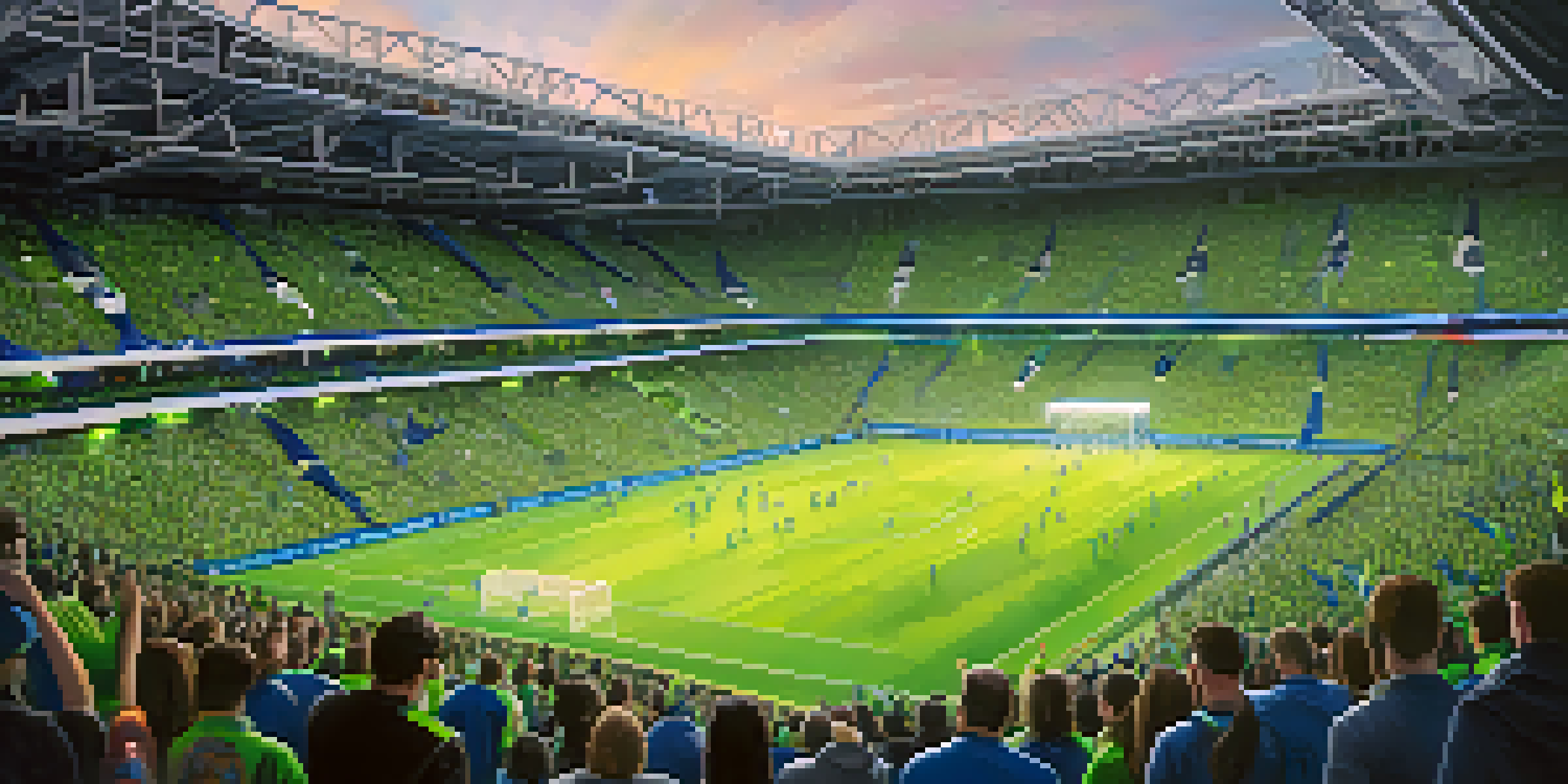 A lively crowd of Seattle Sounders fans at Lumen Field, dressed in team colors with banners and flags, under bright stadium lights.