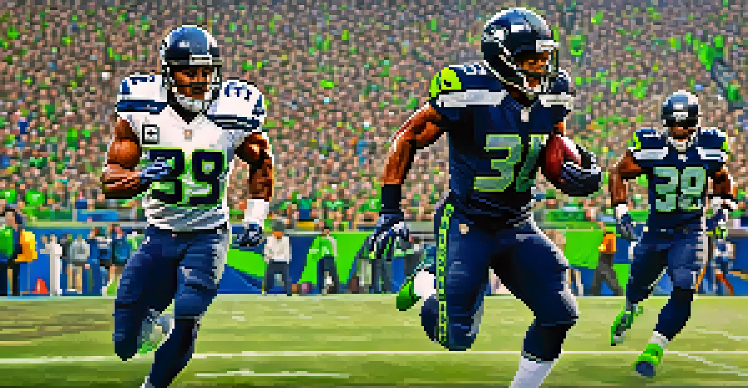 A Seattle Seahawks player in action, wearing a blue and green uniform, evading an opponent in a packed stadium.