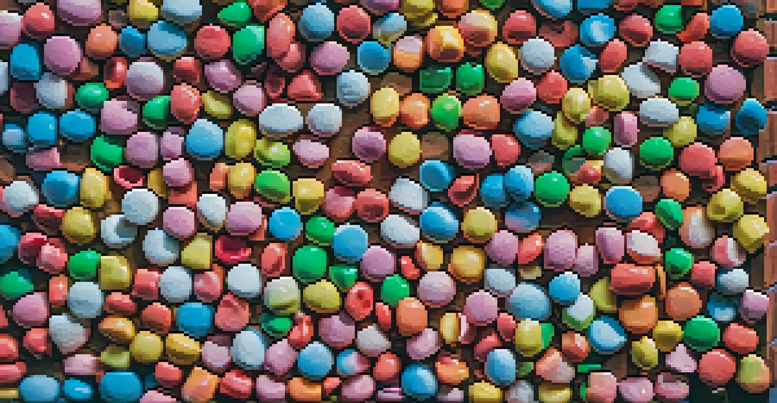 A close-up of a colorful gum-covered wall, with visitors taking photos in the background.