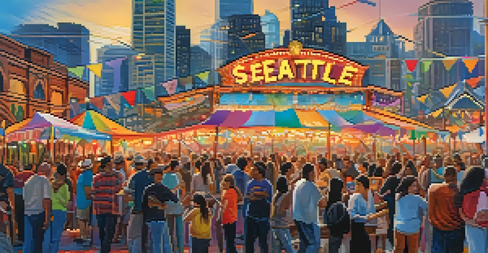 A lively outdoor music festival in Seattle with crowds enjoying performances, colorful banners, and food stalls.