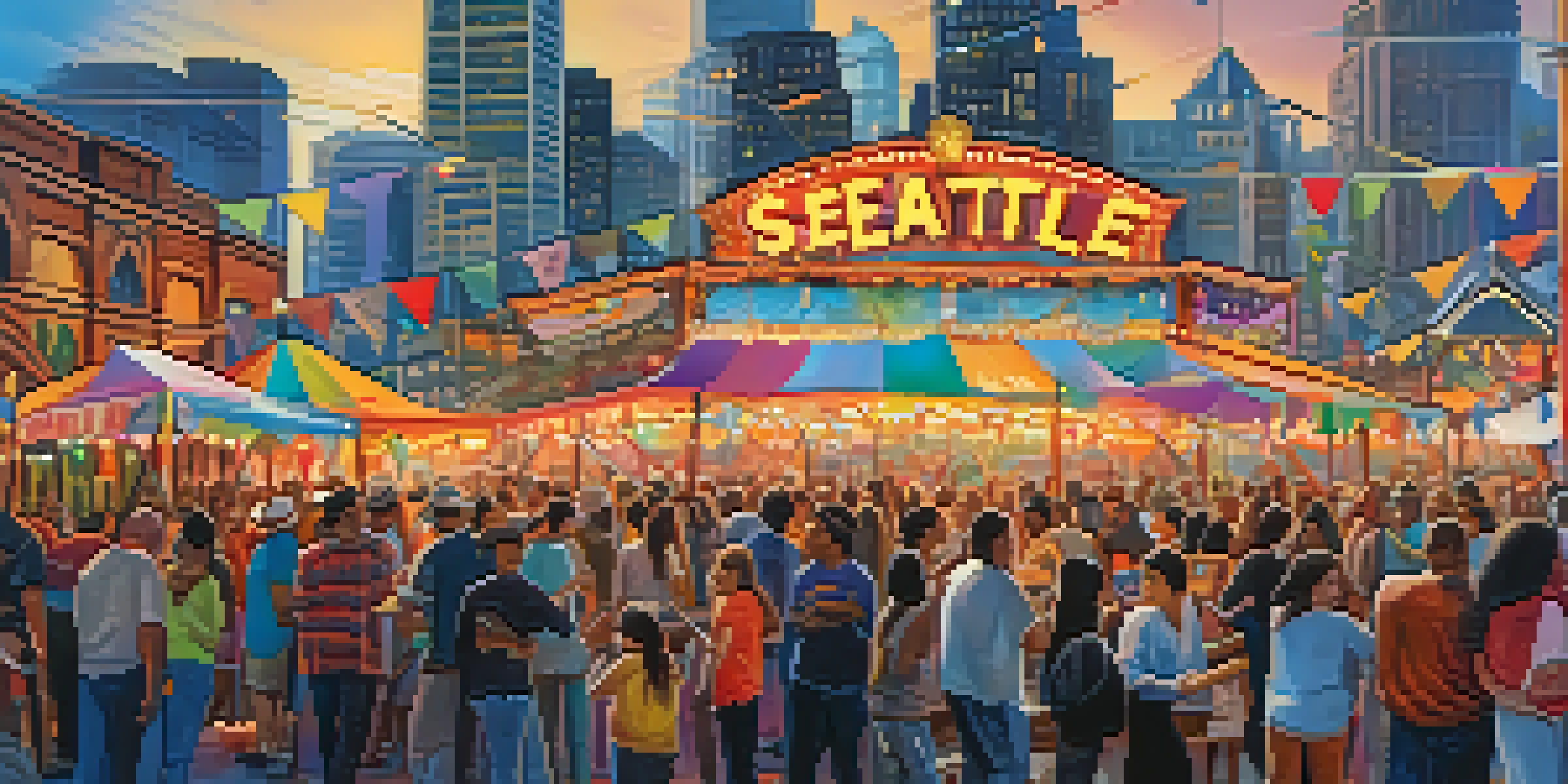 A lively outdoor music festival in Seattle with crowds enjoying performances, colorful banners, and food stalls.