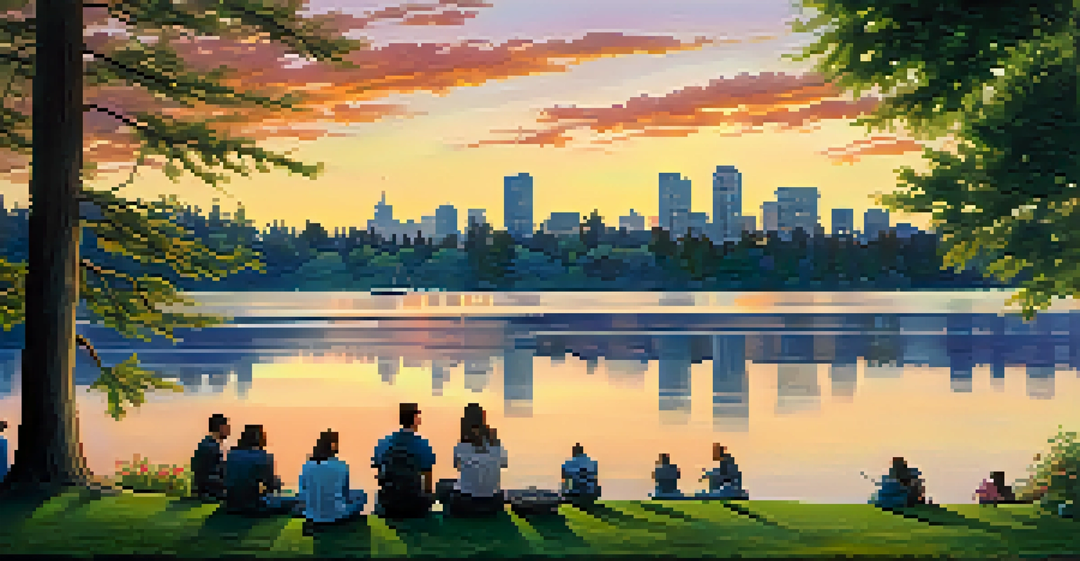 A peaceful scene at Lake Washington during sunset, showcasing a community art project with local artists painting on large canvases.