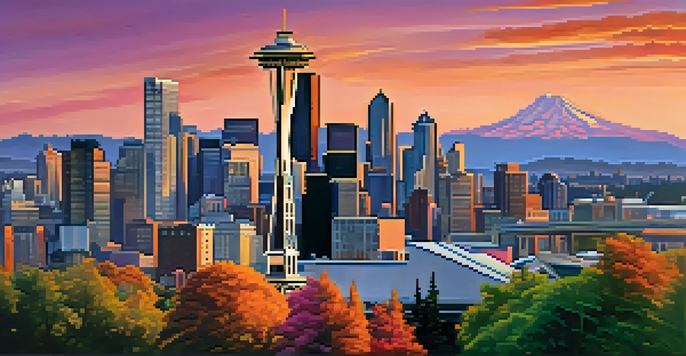 A colorful sunset over Seattle's cityscape with the Space Needle in view and lush parks in the foreground.