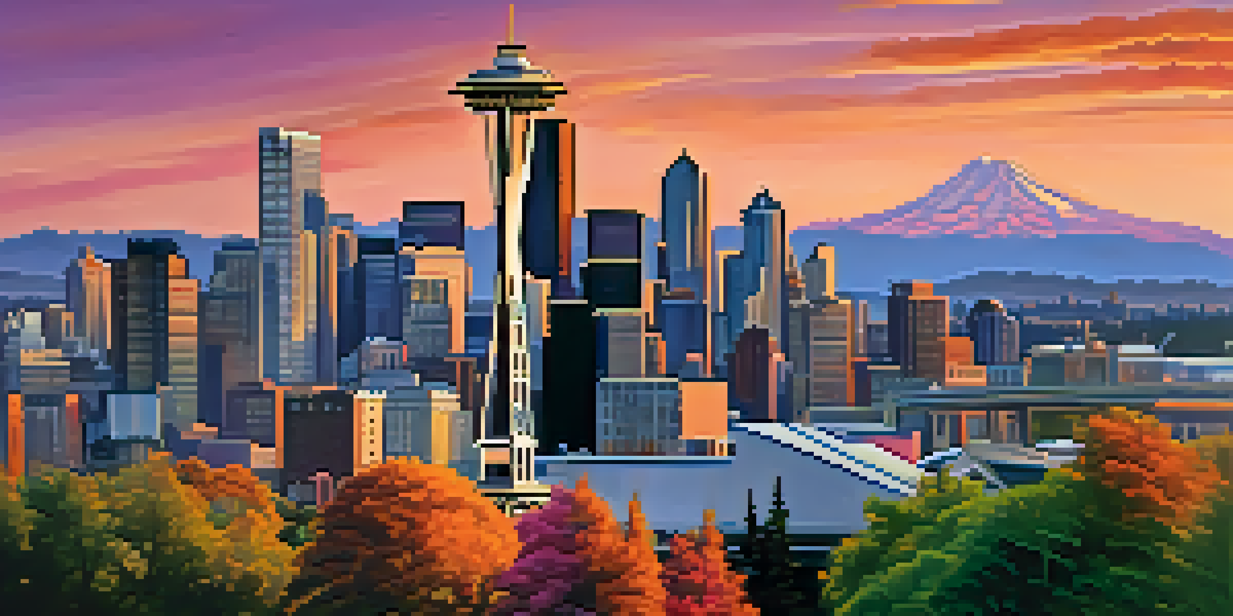 A colorful sunset over Seattle's cityscape with the Space Needle in view and lush parks in the foreground.