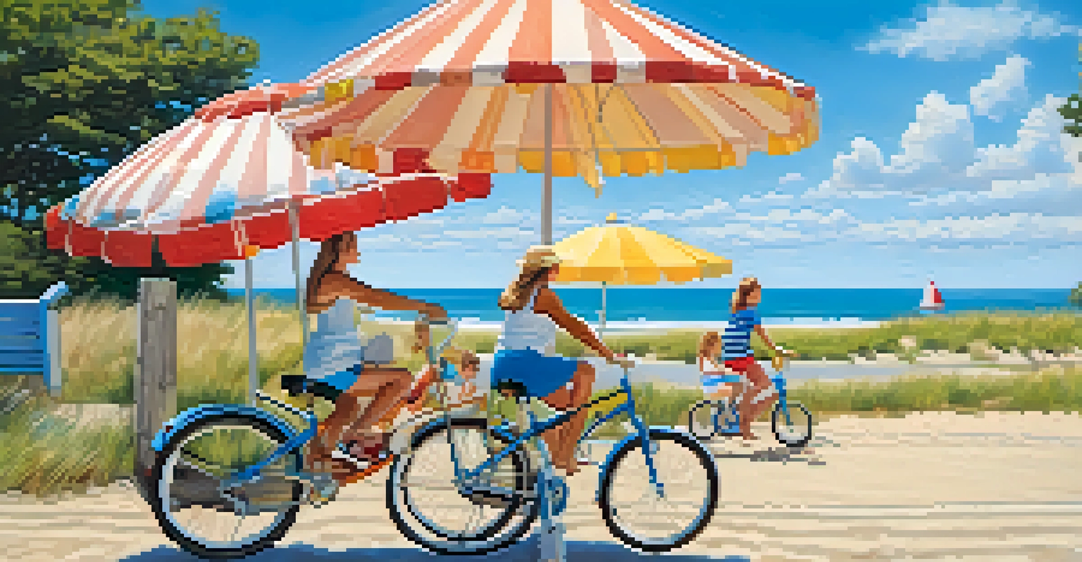 A family riding bikes on a trail by the beach, with colorful beach umbrellas and a clear blue sky in the background.