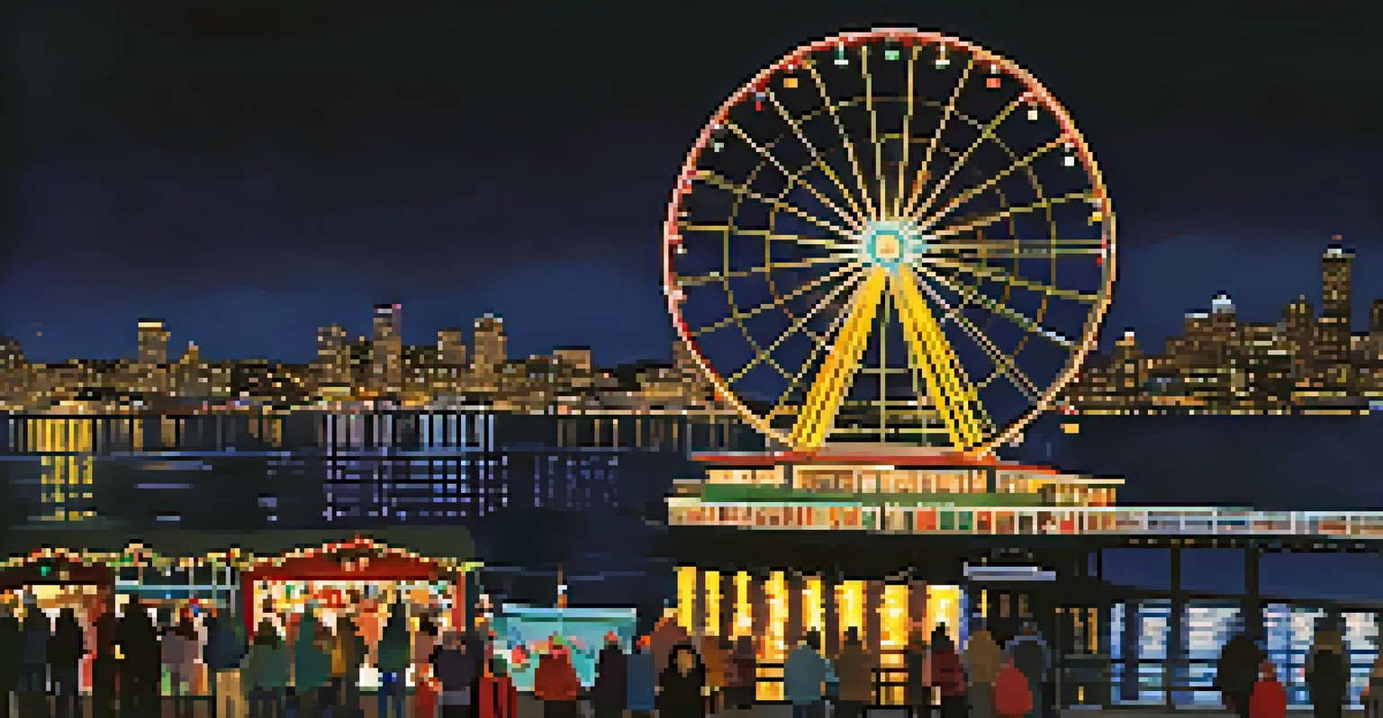 The Seattle Great Wheel lit up at night, with festive decorations and people enjoying the ride.