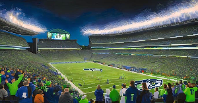 A lively crowd at Lumen Field during a Seahawks game, with fans in blue and green celebrating under bright stadium lights.