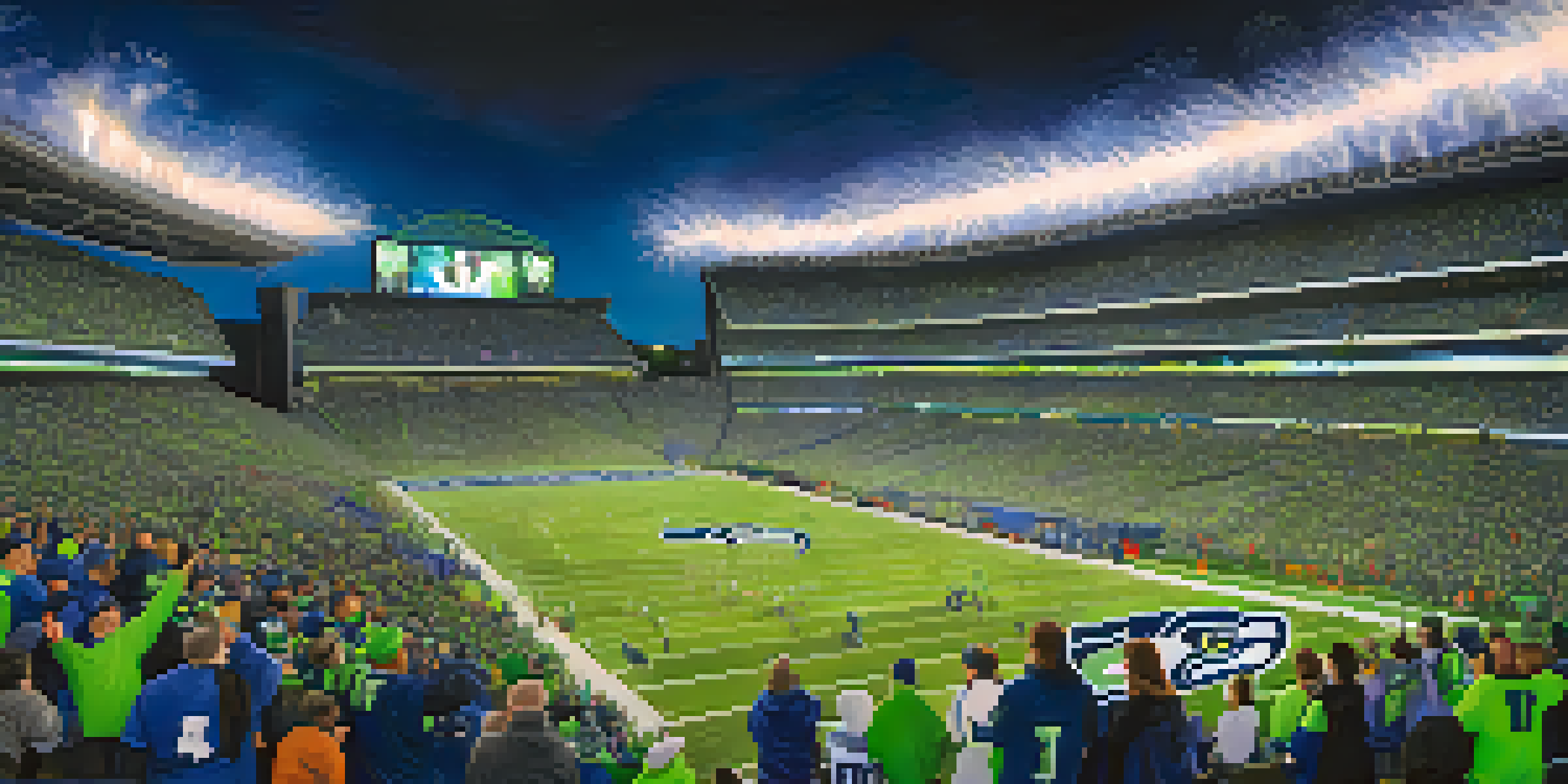 A lively crowd at Lumen Field during a Seahawks game, with fans in blue and green celebrating under bright stadium lights.