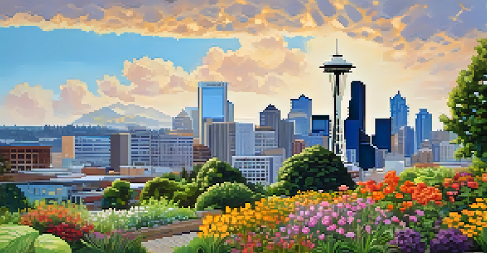 A vibrant rain garden in Seattle, surrounded by modern buildings, featuring colorful flowers and lush greenery under a clear blue sky.