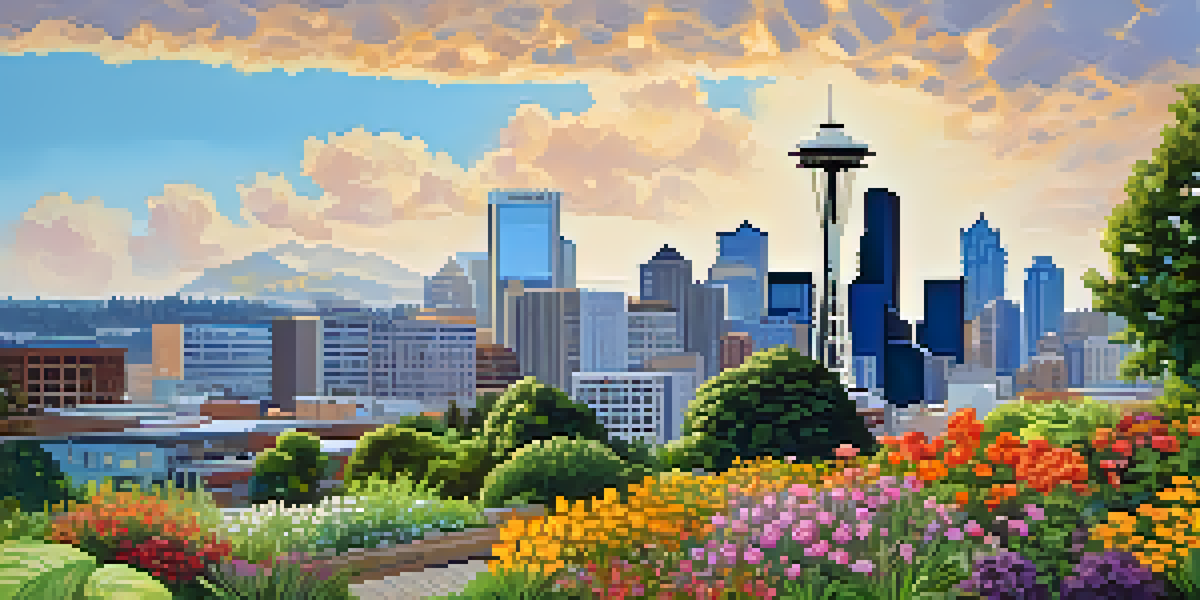 A vibrant rain garden in Seattle, surrounded by modern buildings, featuring colorful flowers and lush greenery under a clear blue sky.