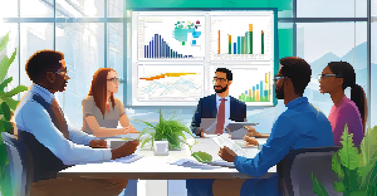 Diverse researchers in a meeting room discussing research findings with a digital screen in the background.