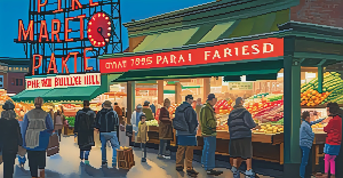 A vibrant marketplace with fresh produce and artisan goods, illuminated by sunlight and neon signs.