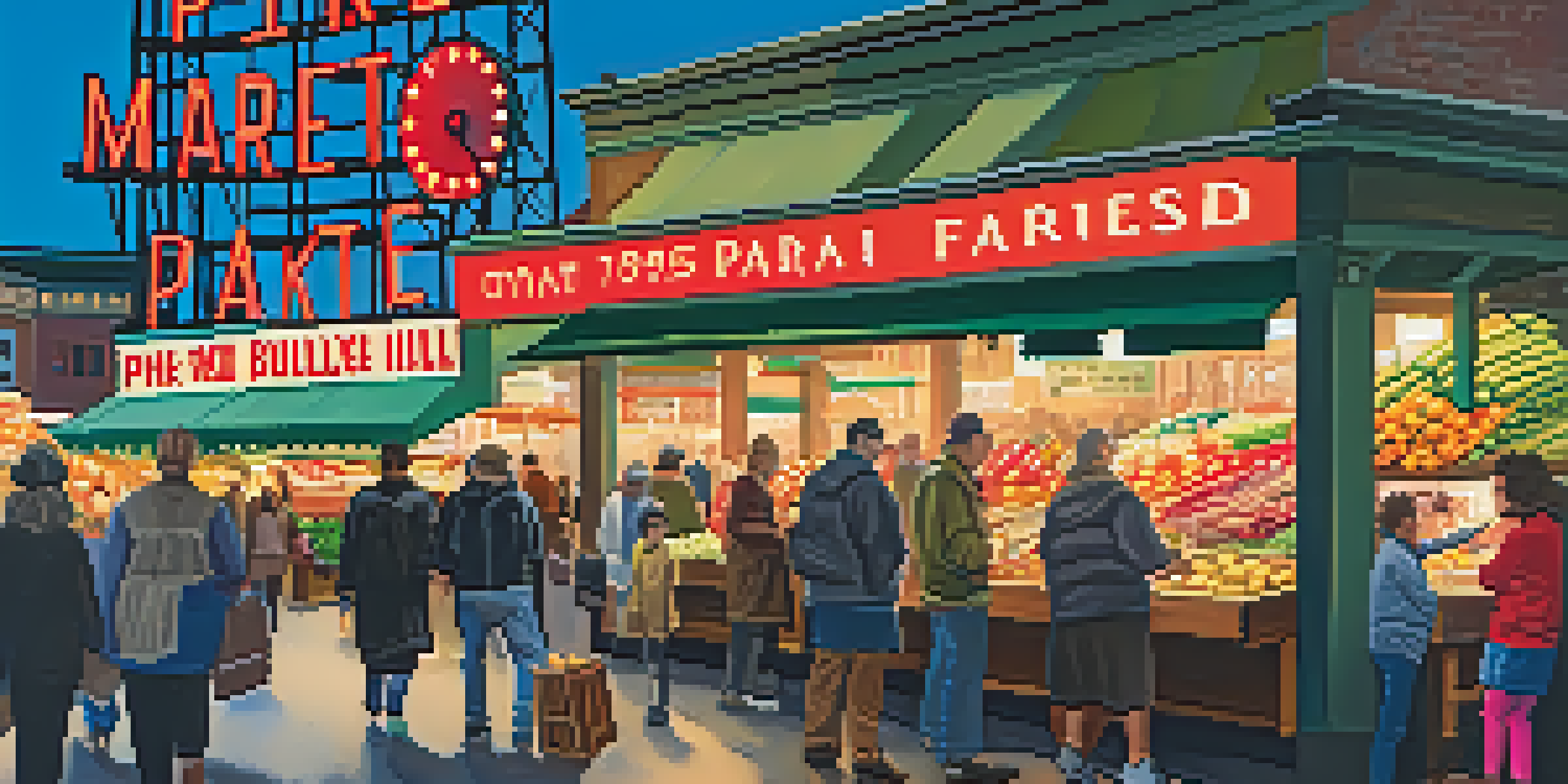 A vibrant marketplace with fresh produce and artisan goods, illuminated by sunlight and neon signs.