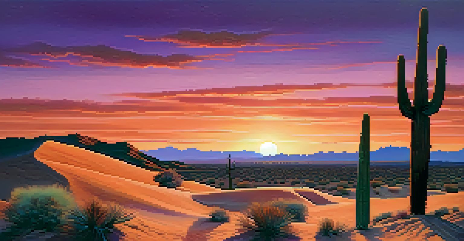 A vast desert at dusk with rolling sand dunes, a colorful sky transitioning from orange to purple, and a solitary cactus silhouetted against the sunset.