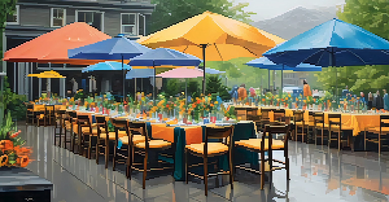 Guests dressed in colorful rain gear at a 'Rainy Day Chic' themed outdoor event in Seattle, surrounded by natural decor and a food station.