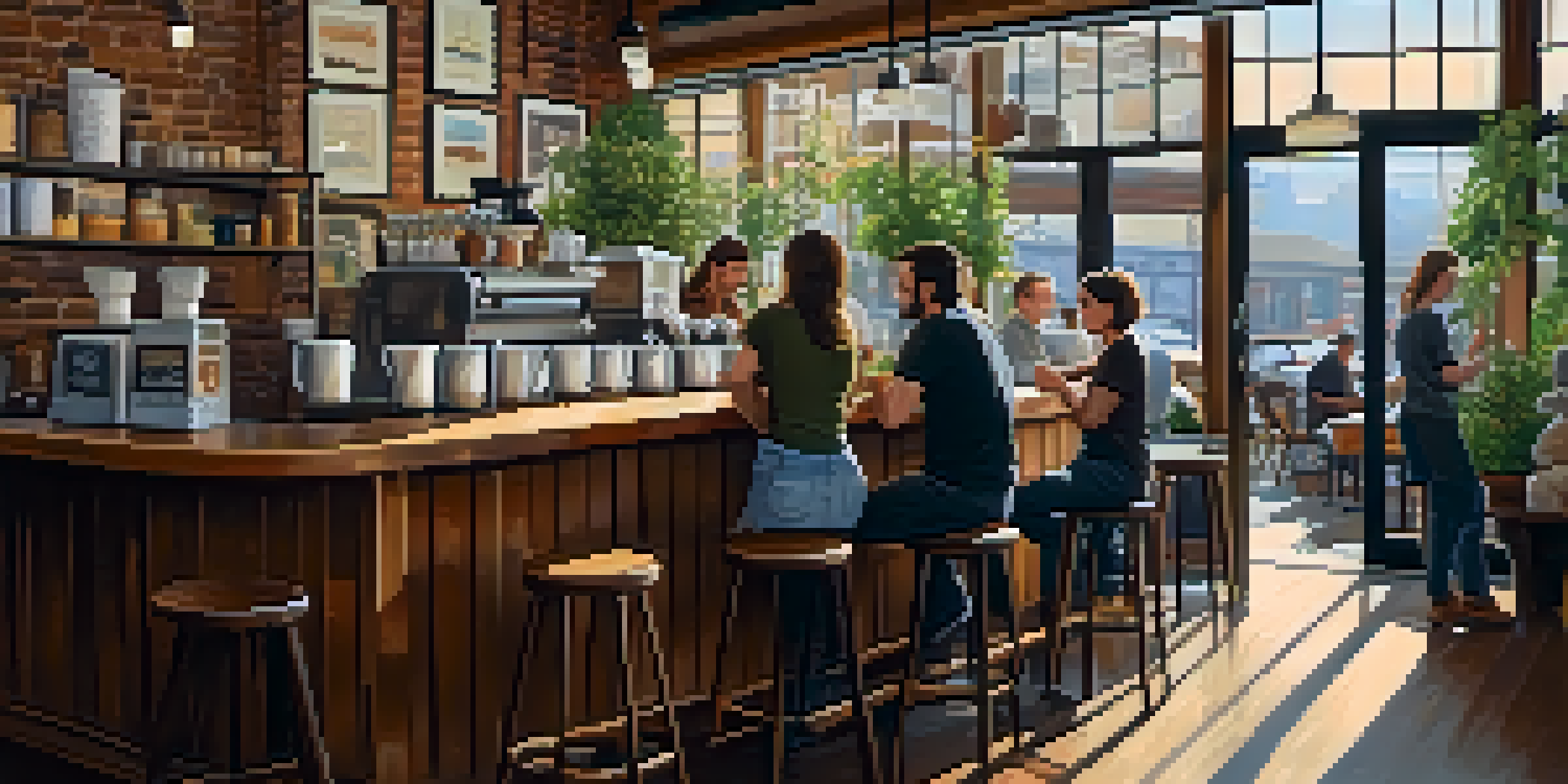 An inviting interior of a Seattle coffee shop with wooden furniture, patrons enjoying coffee, and a barista preparing pour-over coffee.