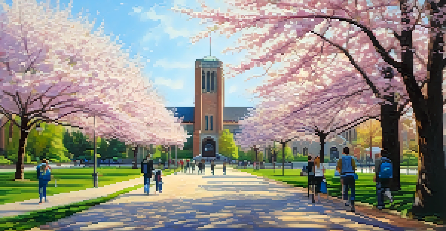 The University of Washington campus in spring with cherry blossoms and students walking.