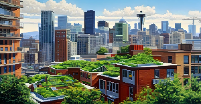 A colorful view of Seattle with green buildings featuring living walls and solar panels, under a clear blue sky.