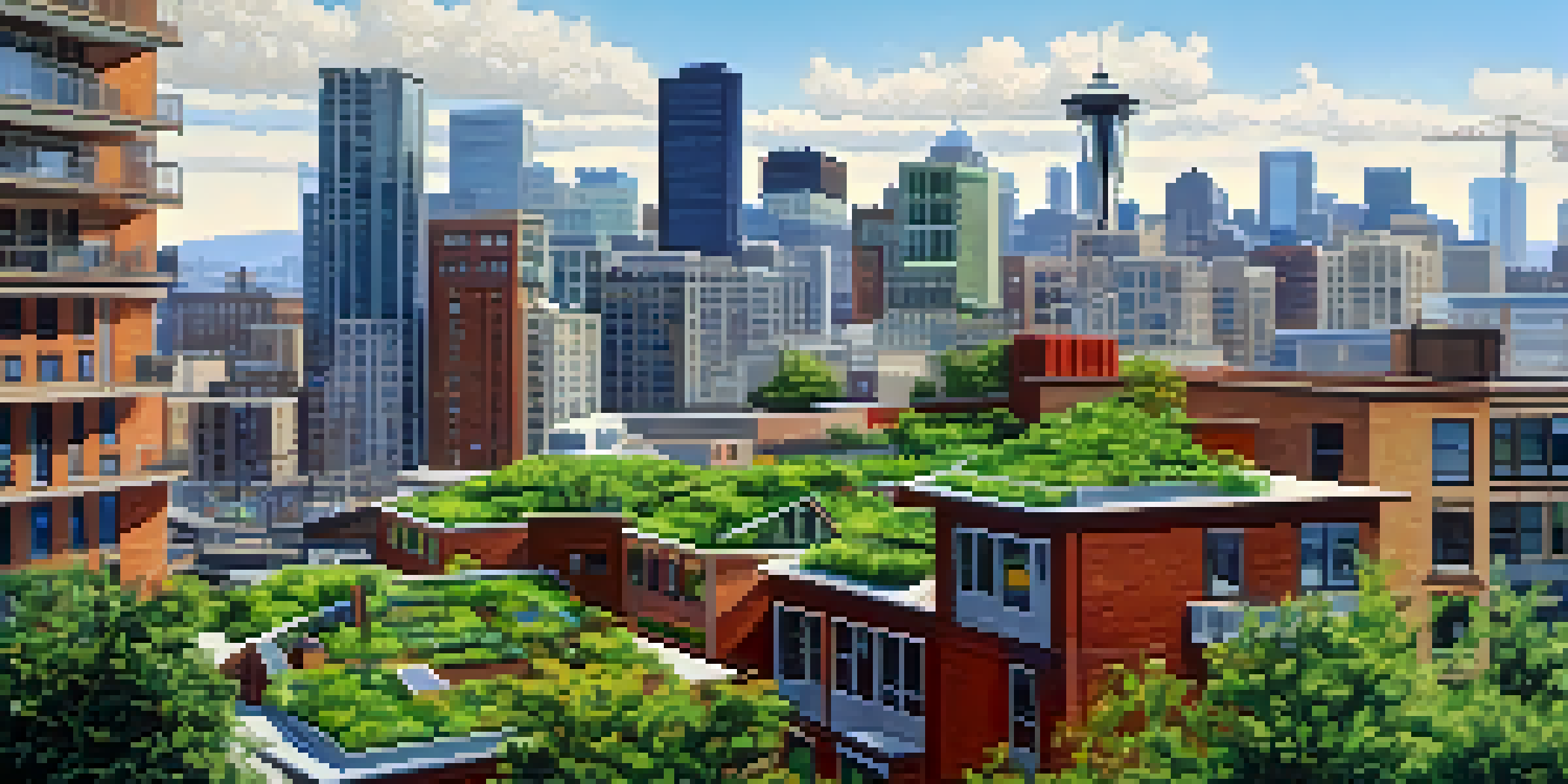 A colorful view of Seattle with green buildings featuring living walls and solar panels, under a clear blue sky.