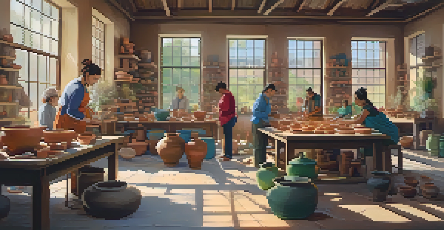 An indoor pottery workshop with people creating art, surrounded by colorful clay and natural light.