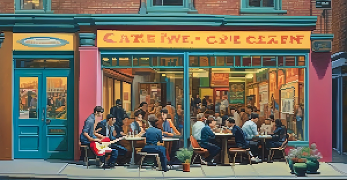 A lively street scene in Seattle from the 1960s with young musicians playing in a cozy café, illuminated by warm golden hour light.