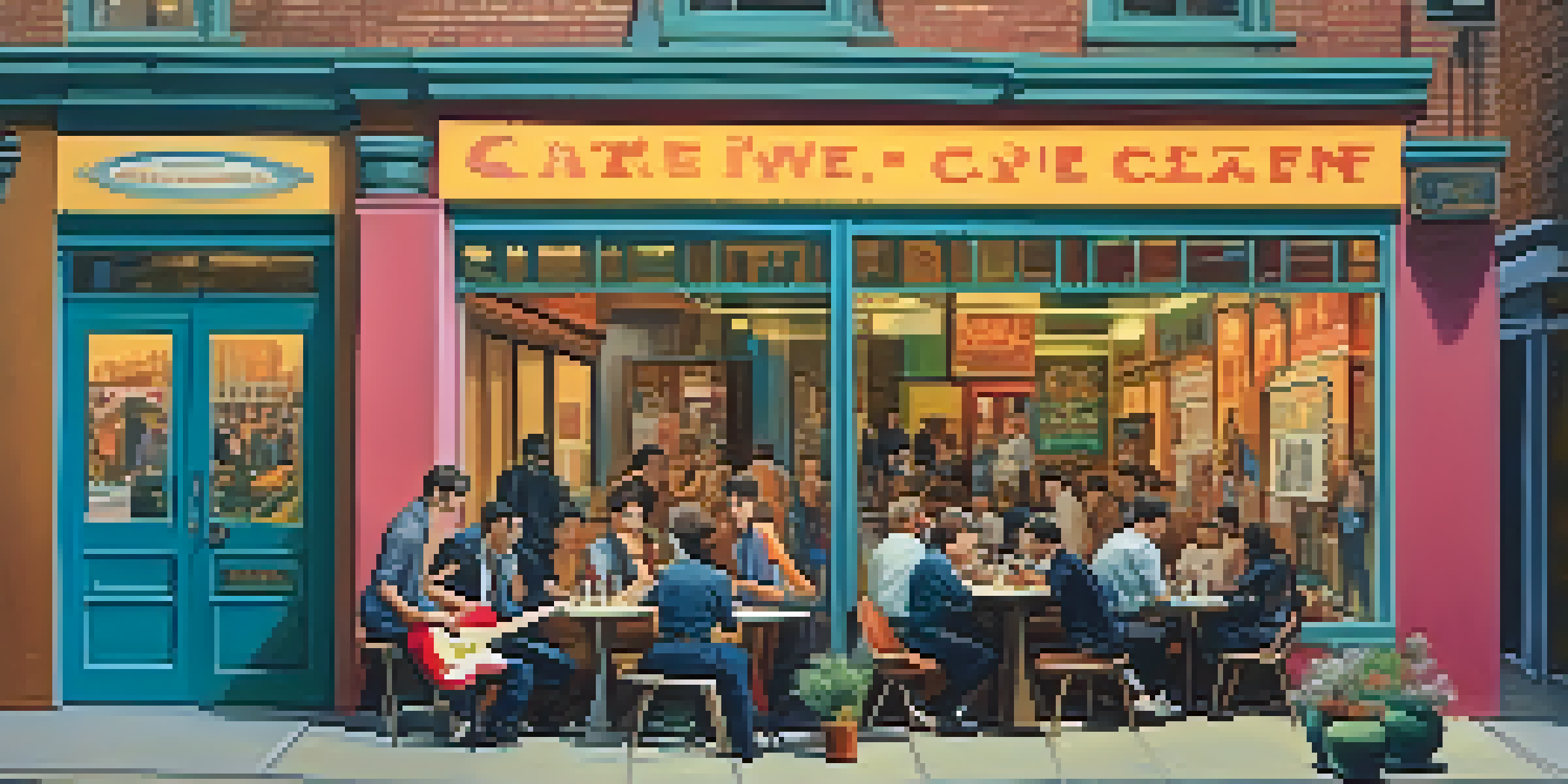 A lively street scene in Seattle from the 1960s with young musicians playing in a cozy café, illuminated by warm golden hour light.