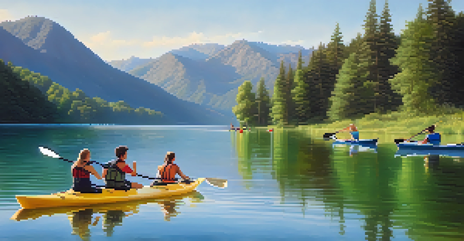 A sunny summer day at a lake with people kayaking and friends having a barbecue on the shore.