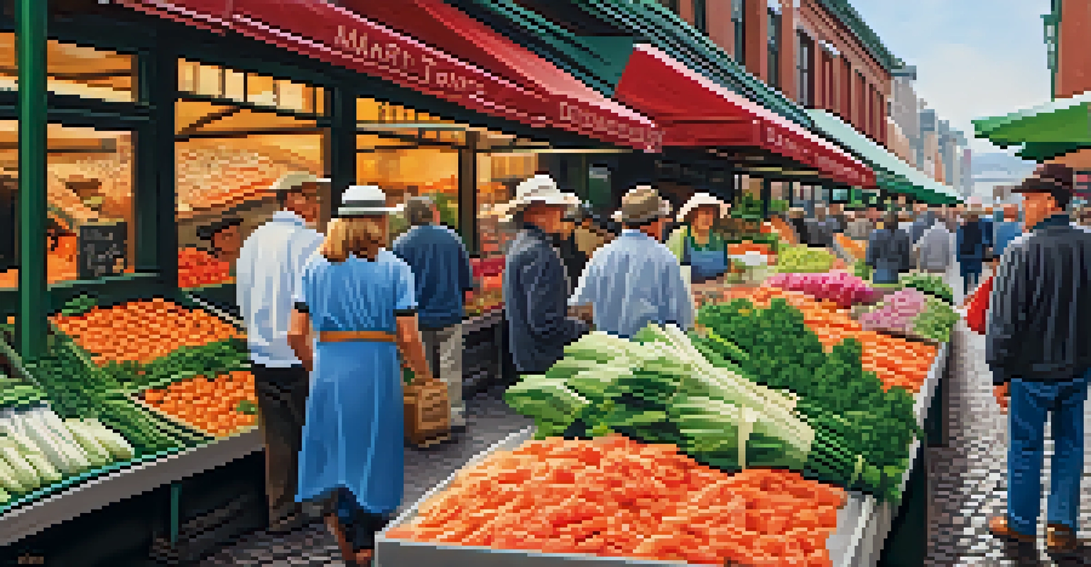 Inside Pike Place Market, showcasing vendors, colorful produce, and lively shoppers.