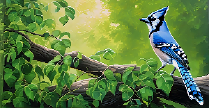 A vibrant blue jay on a branch in a peaceful park during early morning, with sunlight filtering through leaves and deer grazing in the background.
