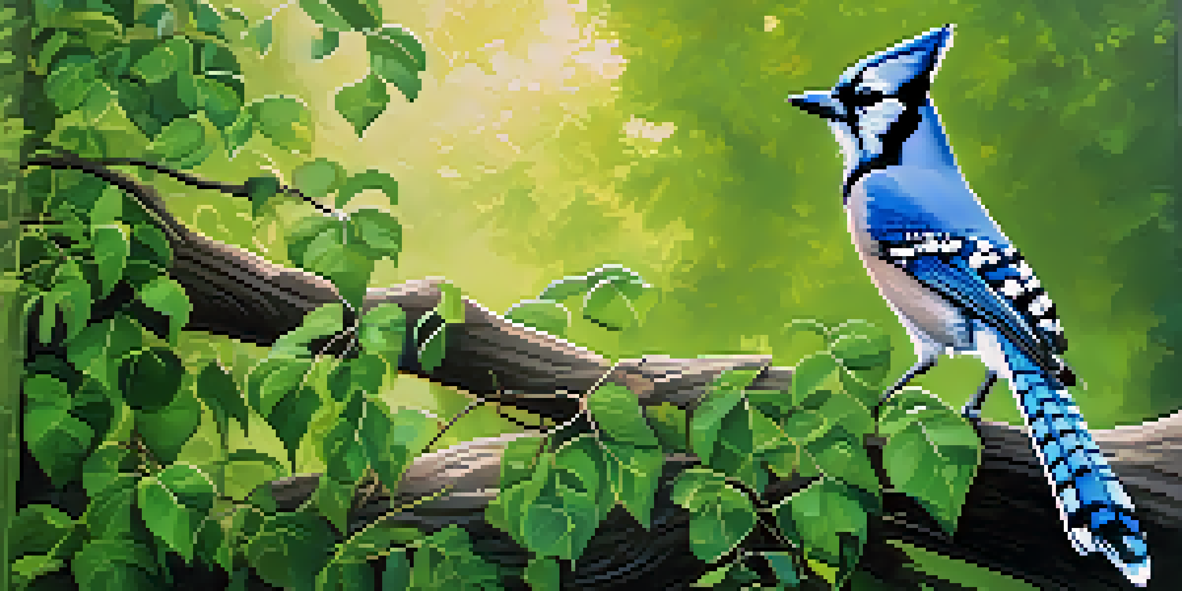 A vibrant blue jay on a branch in a peaceful park during early morning, with sunlight filtering through leaves and deer grazing in the background.