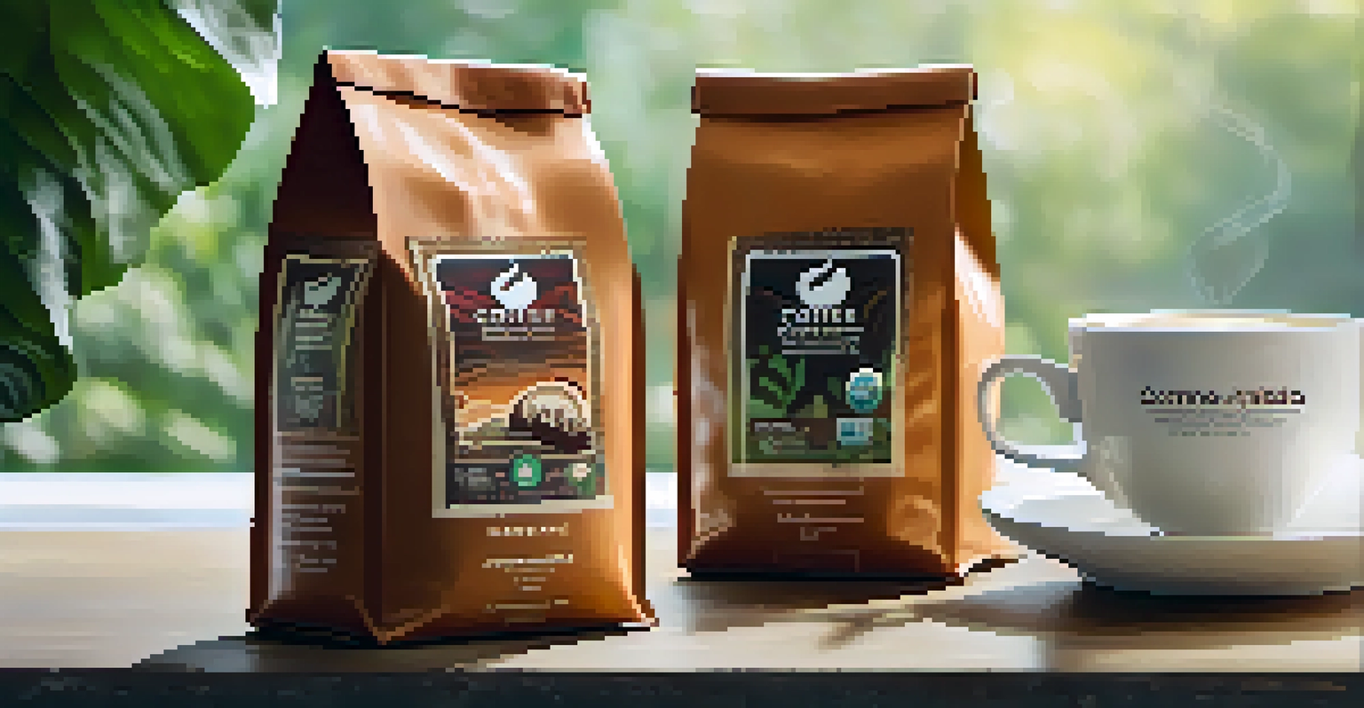 A detailed close-up of eco-friendly coffee packaging with compostable bags and a steaming cup of coffee beside it.