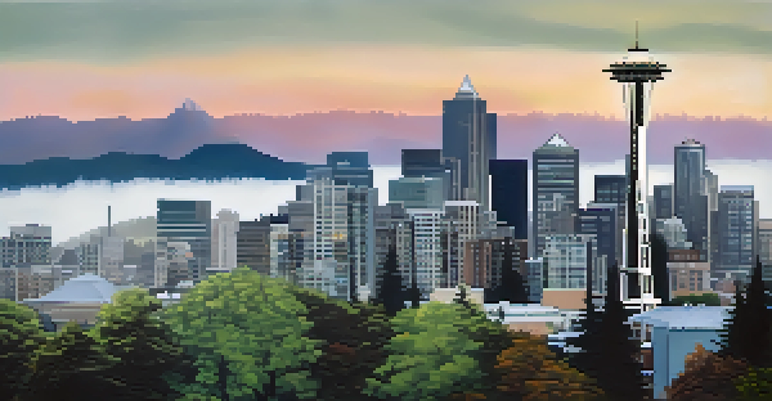 A panoramic view of Seattle's skyline in the rain, featuring the Space Needle and lush green spaces in the foreground.