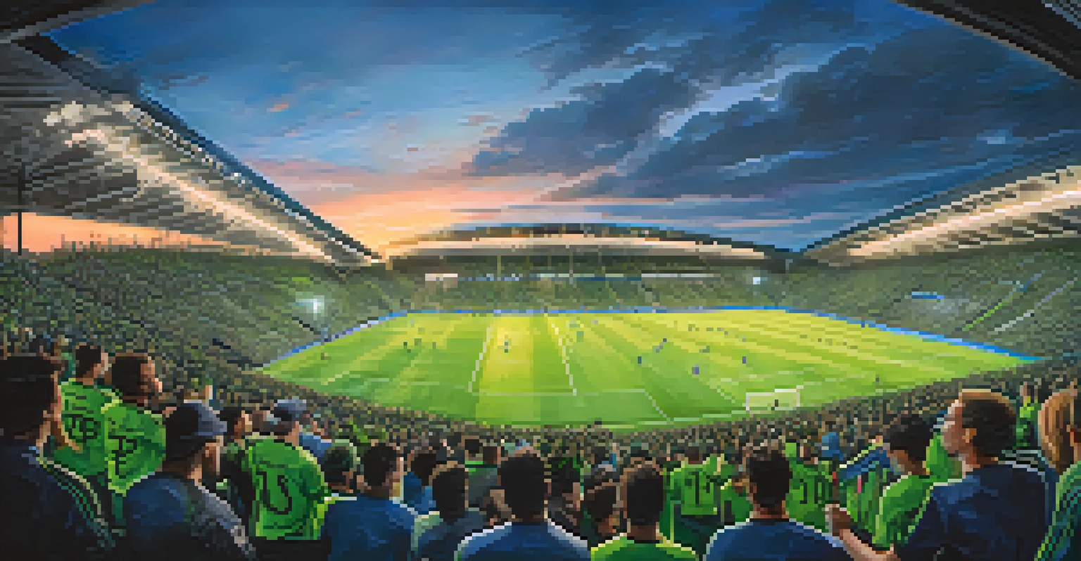 Fans celebrating at a Seattle Sounders FC match at Lumen Field, with vibrant flags and a dramatic sunset in the background.