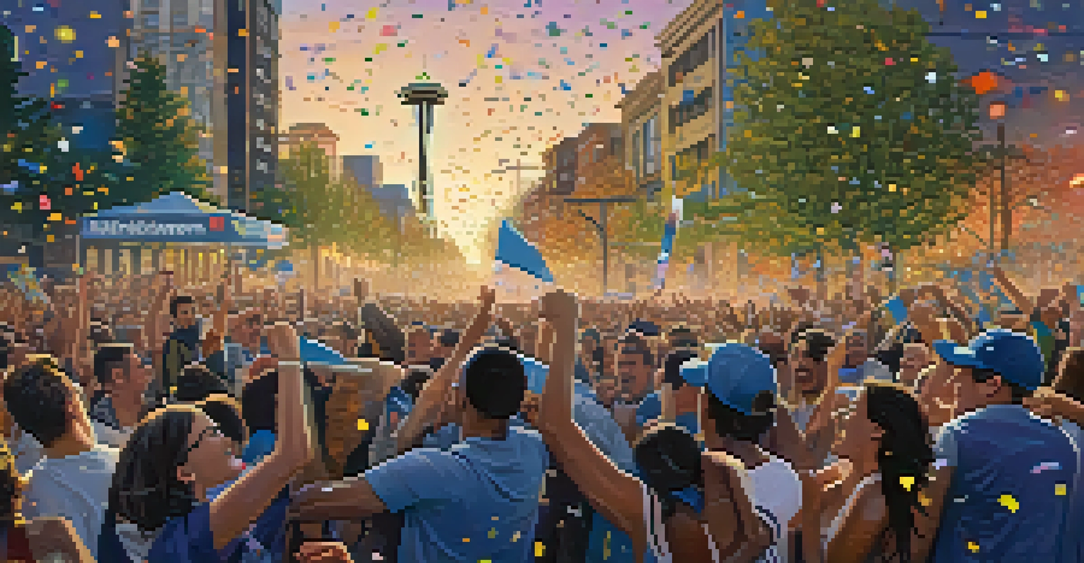 Celebratory Seattle fans in the streets after a game, with the Space Needle in the background.