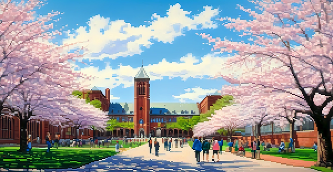 A scenic view of the University of Washington campus with cherry blossom trees, students walking, and historic buildings under a blue sky.