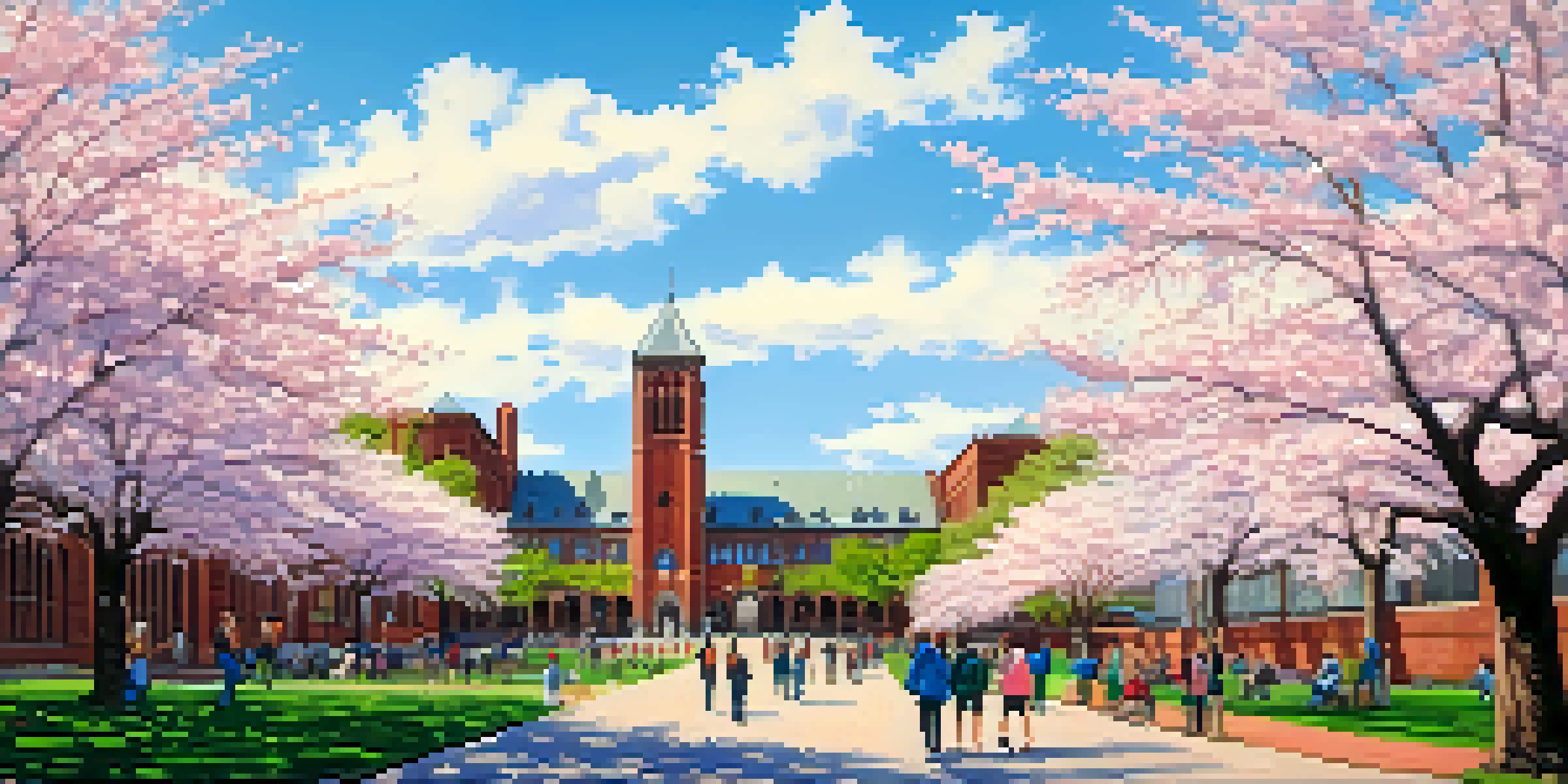 A scenic view of the University of Washington campus with cherry blossom trees, students walking, and historic buildings under a blue sky.