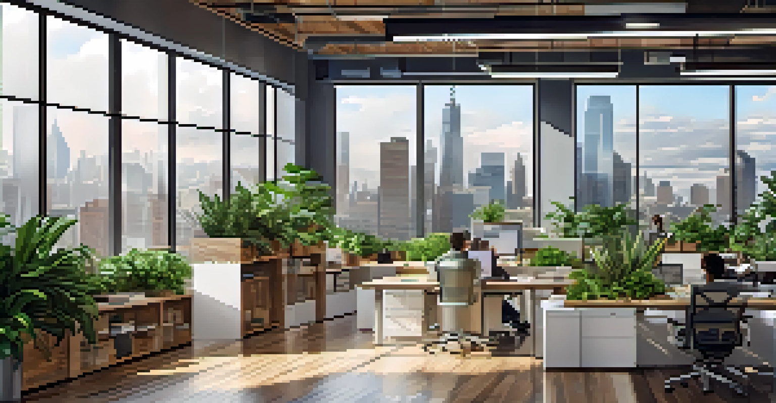 A modern office with plants and large windows, featuring employees collaborating around a reclaimed wood table.