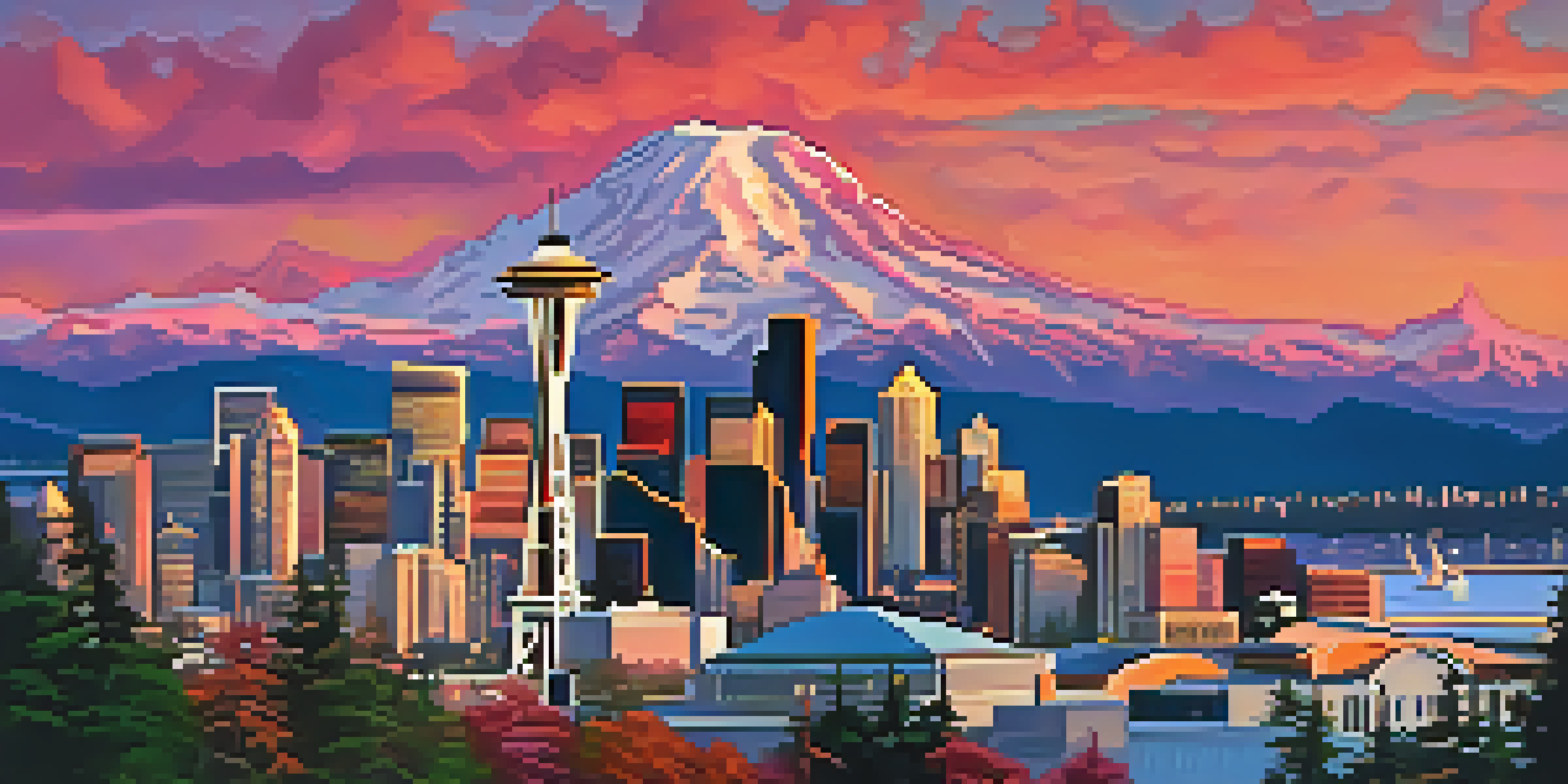 Aerial view of Seattle skyline at sunset with Space Needle, Mount Rainier, and Puget Sound.