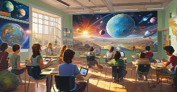 A lively classroom where students are using virtual reality headsets to learn about ancient civilizations and planets. The room is bright with educational posters and natural light.