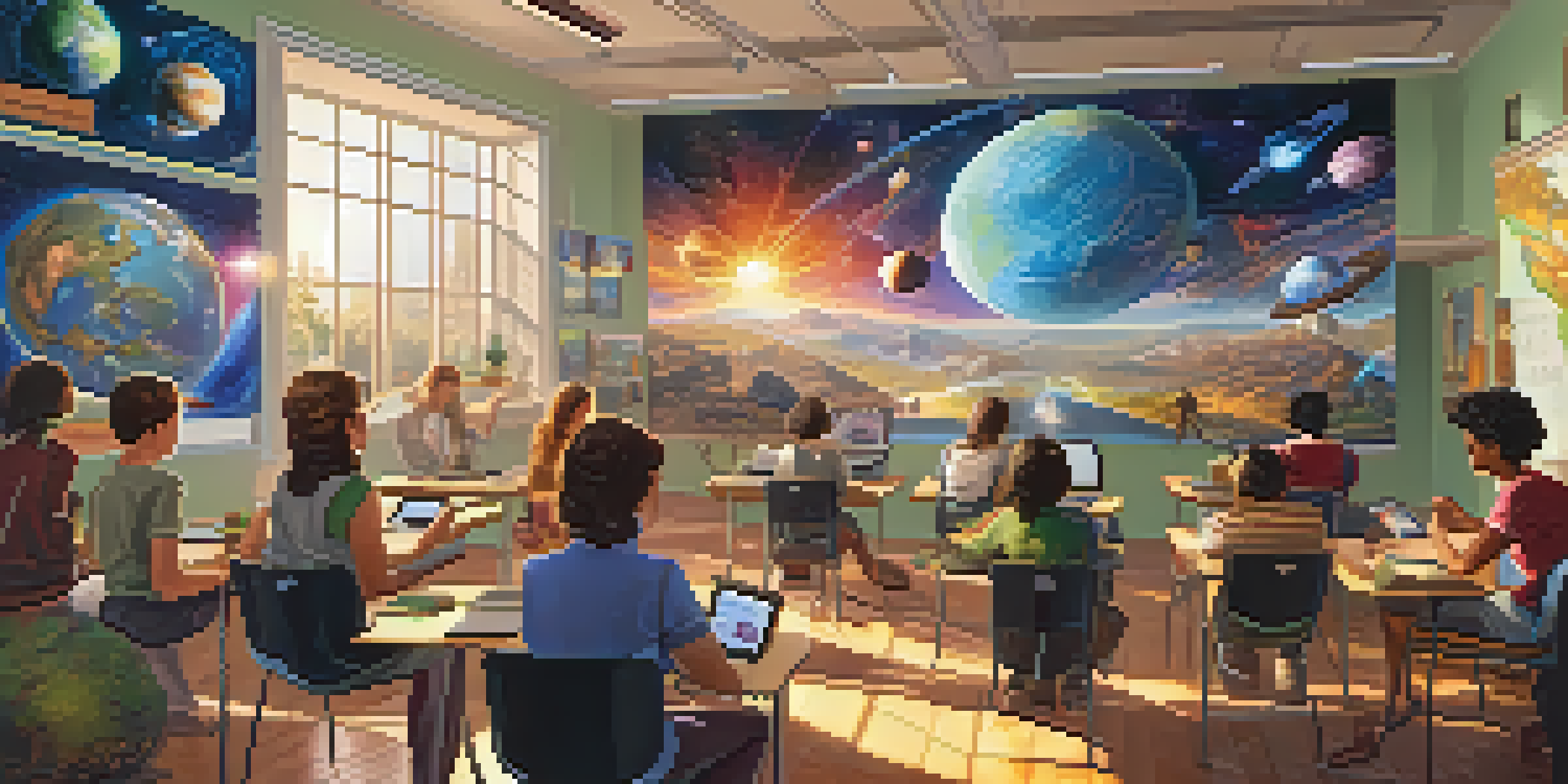A lively classroom where students are using virtual reality headsets to learn about ancient civilizations and planets. The room is bright with educational posters and natural light.
