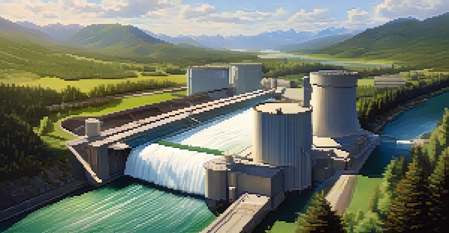 An aerial view of a hydropower facility alongside a river with mountains in the background.
