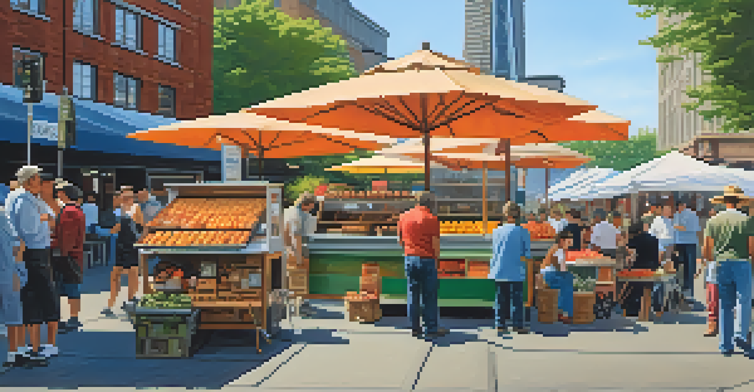 A bustling outdoor farmers market in Seattle, featuring a coffee cart serving coffee and local produce stalls, with the Space Needle in the background.